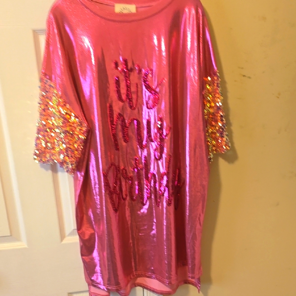 Pink Sequin Sleeve Birthday T-Shirt Dress Fantastic Fawn
